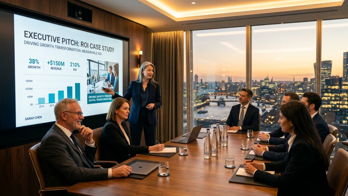 Especialista em vendas B2B conduzindo apresentação executiva com dados de inteligência de mercado para comitê diretor