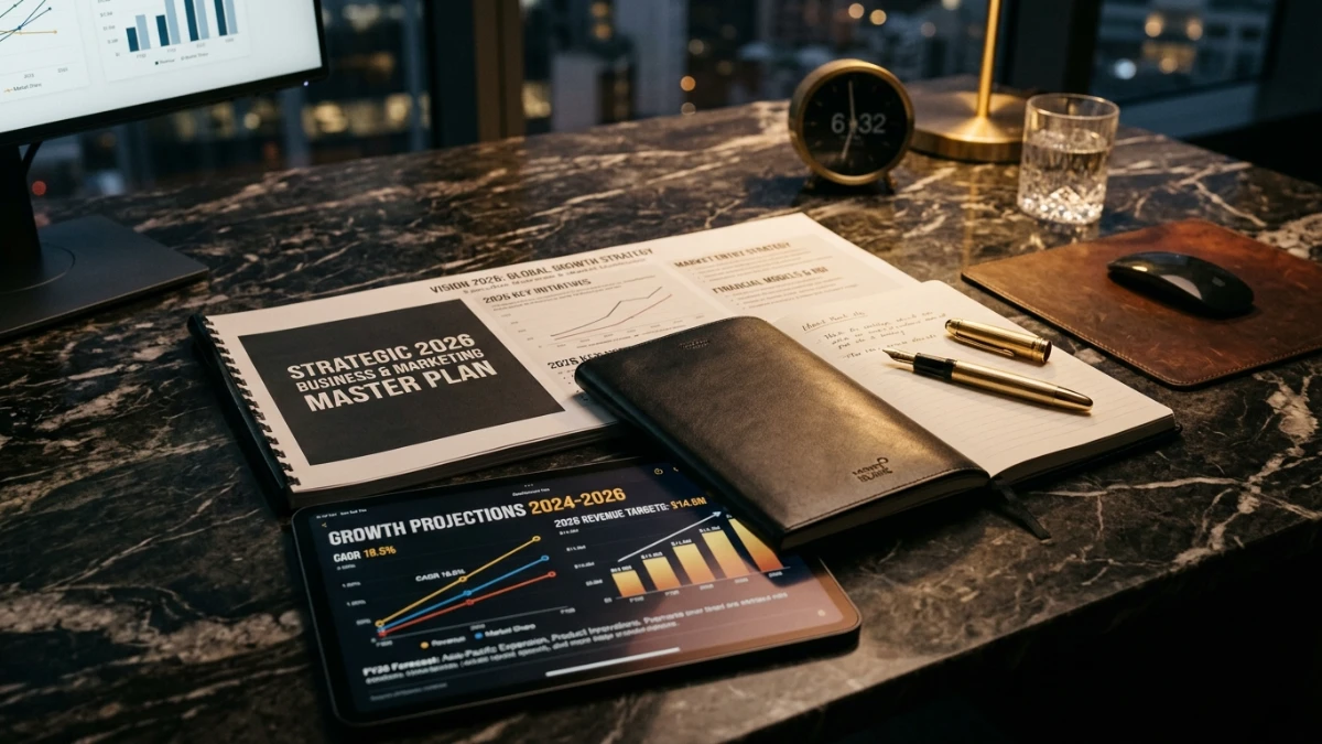 Consultor empresarial elaborando plano de negócios e matriz de marketing estratégico com cronograma de execução